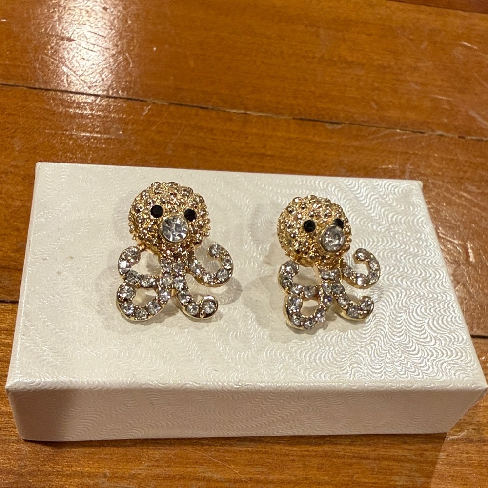 Gold Crystal Octopus Stud Earrings - Women's Jewelry